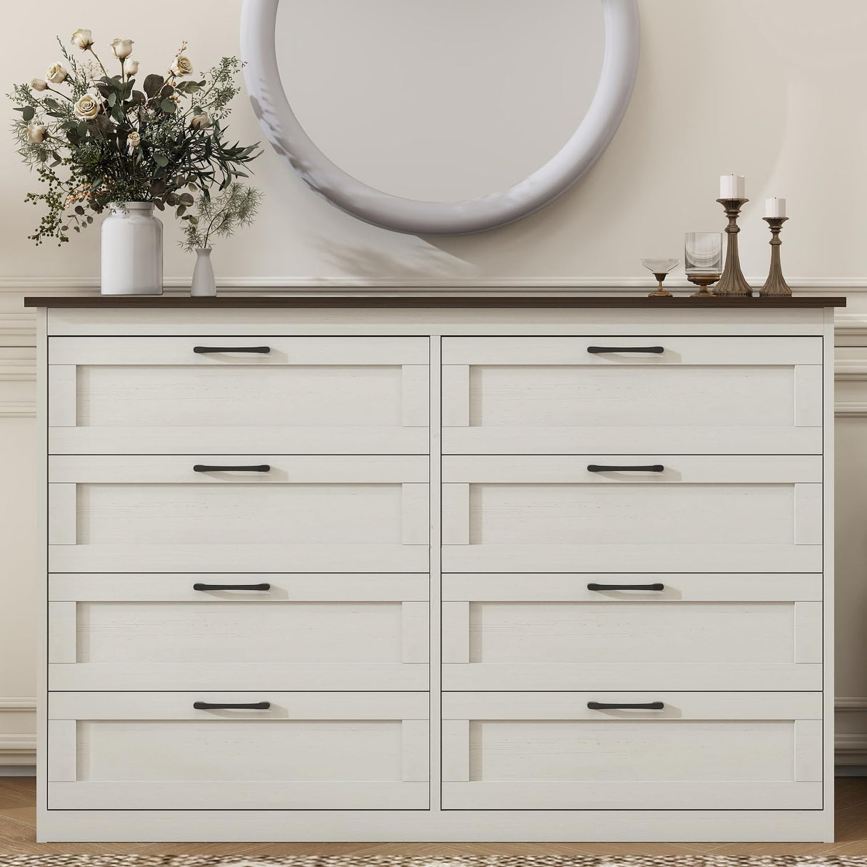 Vikiullf 8 Drawer Dresser - Farmhouse Dresser for Bedroom, Wooden Chest of Drawers, Storage Drawers for Bedroom, Living Room, Hallway, Entryway Organizer, Rust Oak White Vikiullf