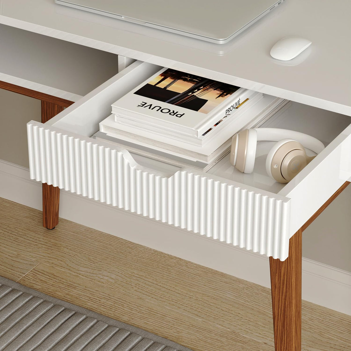 Longcoam Design White Computer Desk with Drawers - 45 inch Minimalist Small Solid Wood Mid-Century Modern Office Desk for Home - Boho Style Writing Table with Open Storage,Light Wooden Desk Workspace Longcoam Design