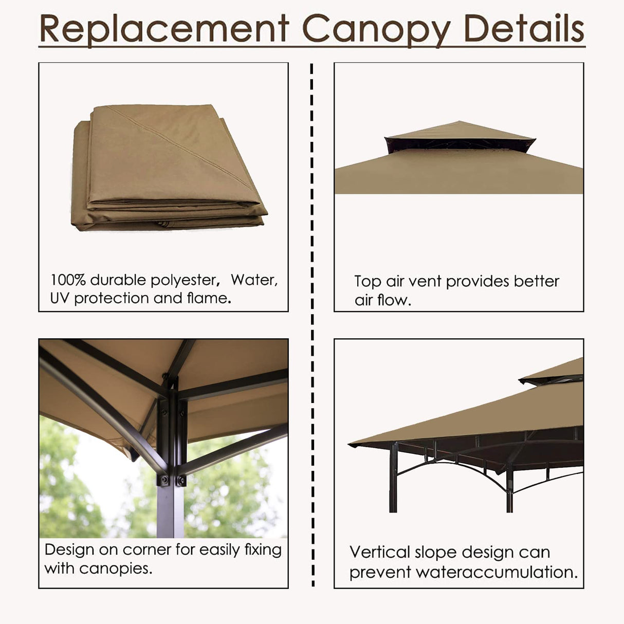 Grill Gazebo Replacement Canopy Roof – Hugline 5x8 Outdoor Grill Shelter Canopy Top Double Tiered BBQ Tent Cover Fit for Model L-GG001PST-F (Khaki) Hugline