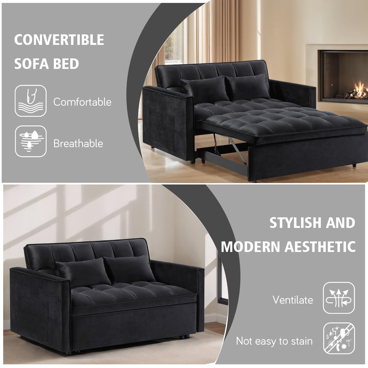 3 In 1 Velvet Convertible Sofa Bed, Pull Out Couch Bed with Reclining Backrest And 2 Pillows, 54" Full Size Loveseat Sleeper Sofa Futon Couch Bed, Couches For Small Spaces, Living Room (Black) Xinmviec