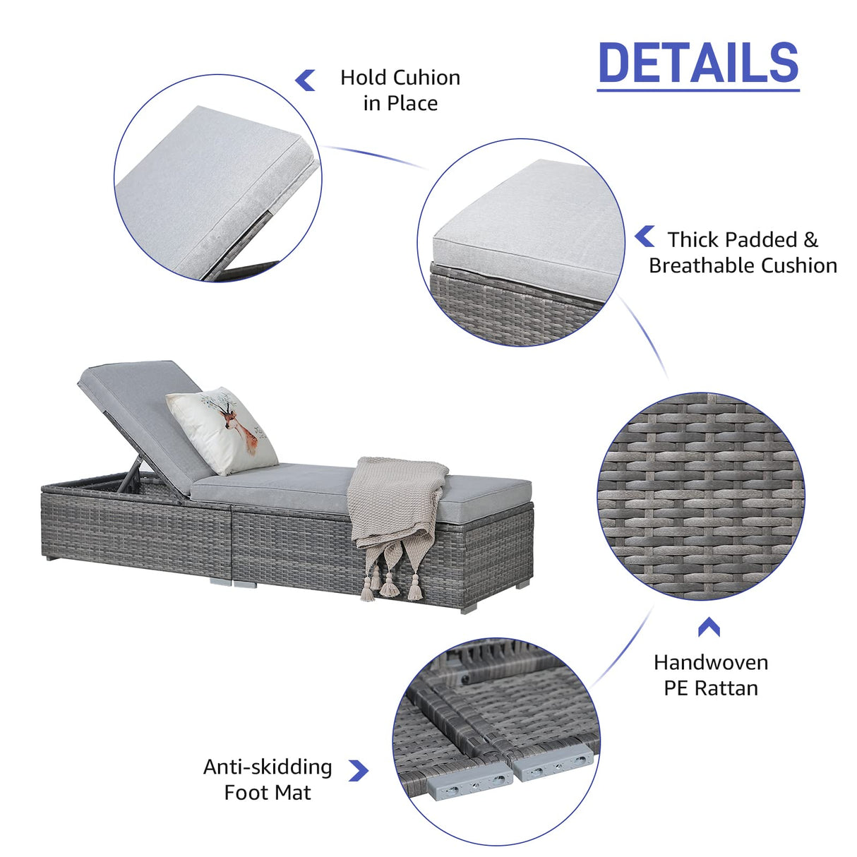 Patiorama 9 Pieces Outdoor Patio Furniture Set,All Weather Grey PE Wicker Rattan Sectional Conversation Set W/Adjustable Chaise Lounge Chair of 2 and Coffee Table,for Porch Garden,Light Grey Cushion Patiorama