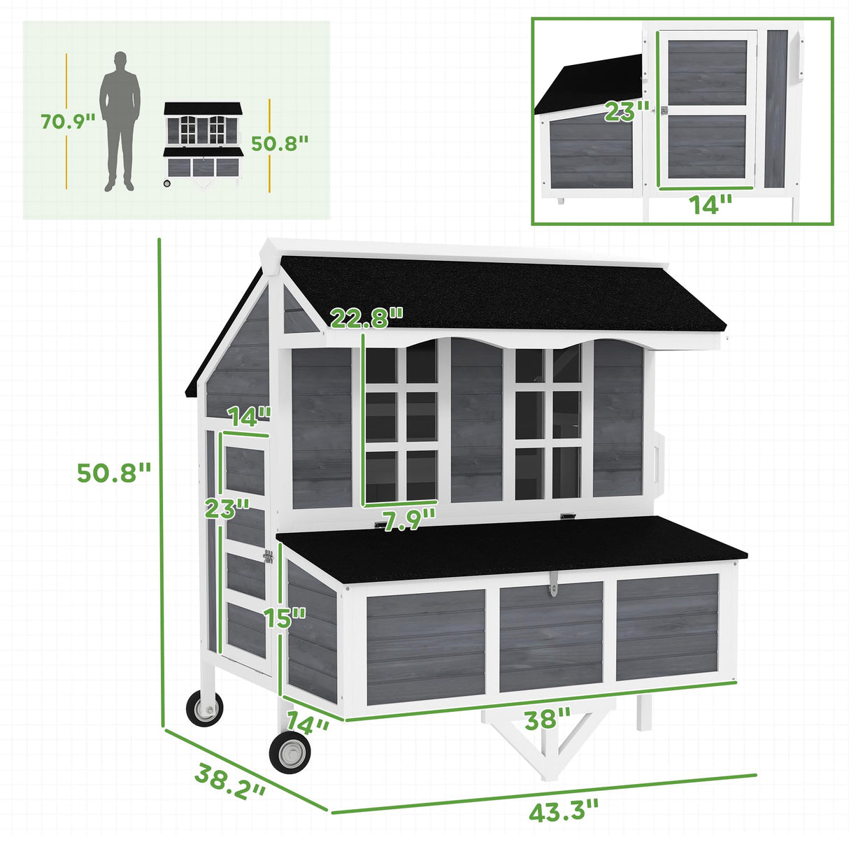 PawHut 43" Chicken Coop with Wheels, Mobile Chicken House with Nesting Box, Windows, Pull-Out Tray, Perches, Wooden Chicken Tractor for 2-4 Hens, Rabbits, for Backyard, Patio, Gray PawHut