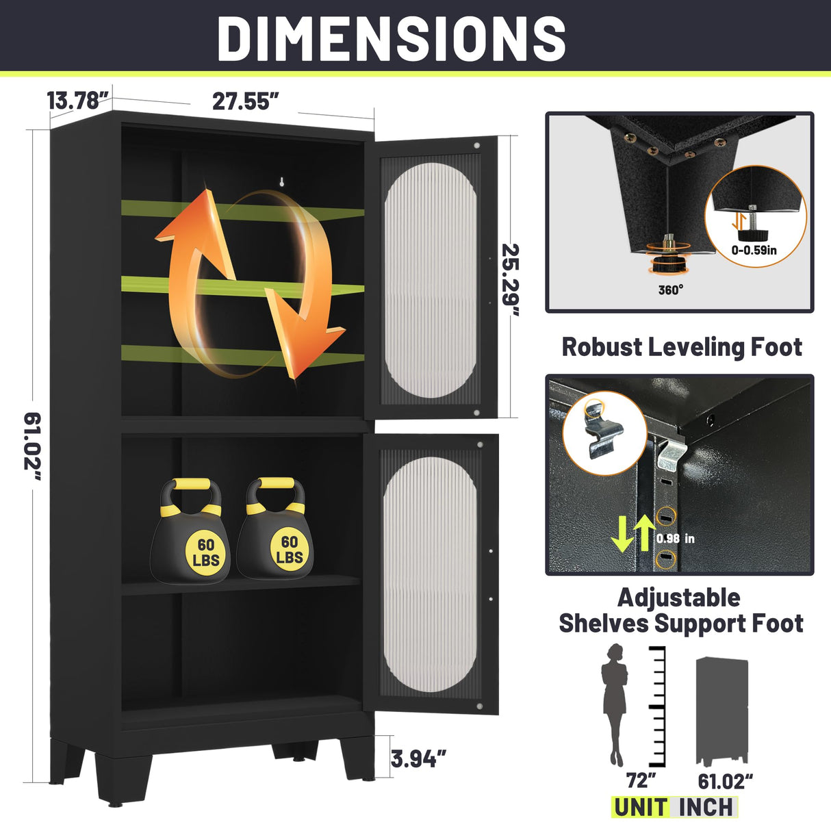 PAOFIN 61" Black Pantry Storage Cabinet, Kitchen Pantry Cabinet with Acrylic Glass Doors and Shelves, Kitchen Pantry with Adjustable Leveling Foot for Kitchen, Living Room and Dining Room. 61" PAOFIN