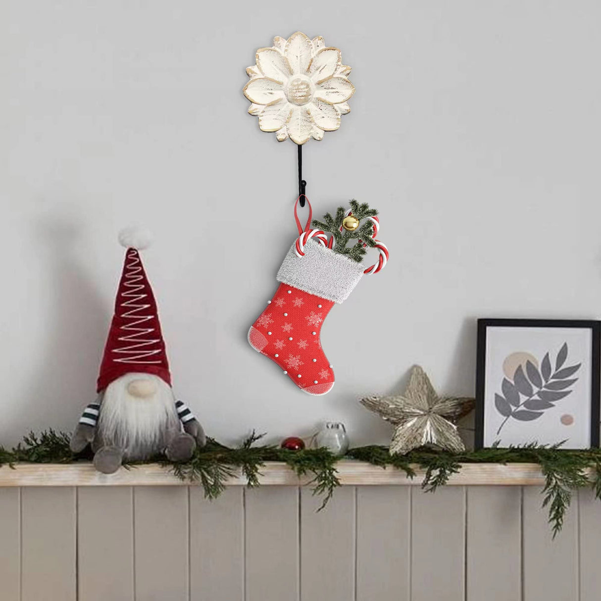 dwellington Decorative Boho Flower Towel Hooks, White Distressed Wood Hanging Hooks, Farmhouse Boho Coat Rack Hooks for Hanging Things, Towels, Purse dwellington