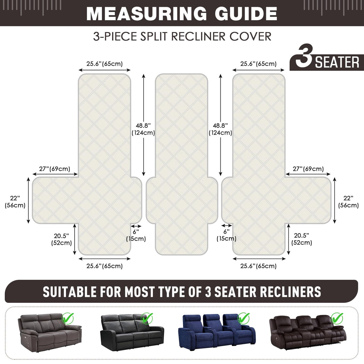 TAOCOCO 100% Waterproof Recliner Sofa Cover Non Slip Couch Cover for 3 Seat Reclining Sofa, Split Reclining Couch Covers 3-Piece with Straps, Washable Sofa Slipcover for Kids Pets(3 Seater, Chocolate) TAOCOCO