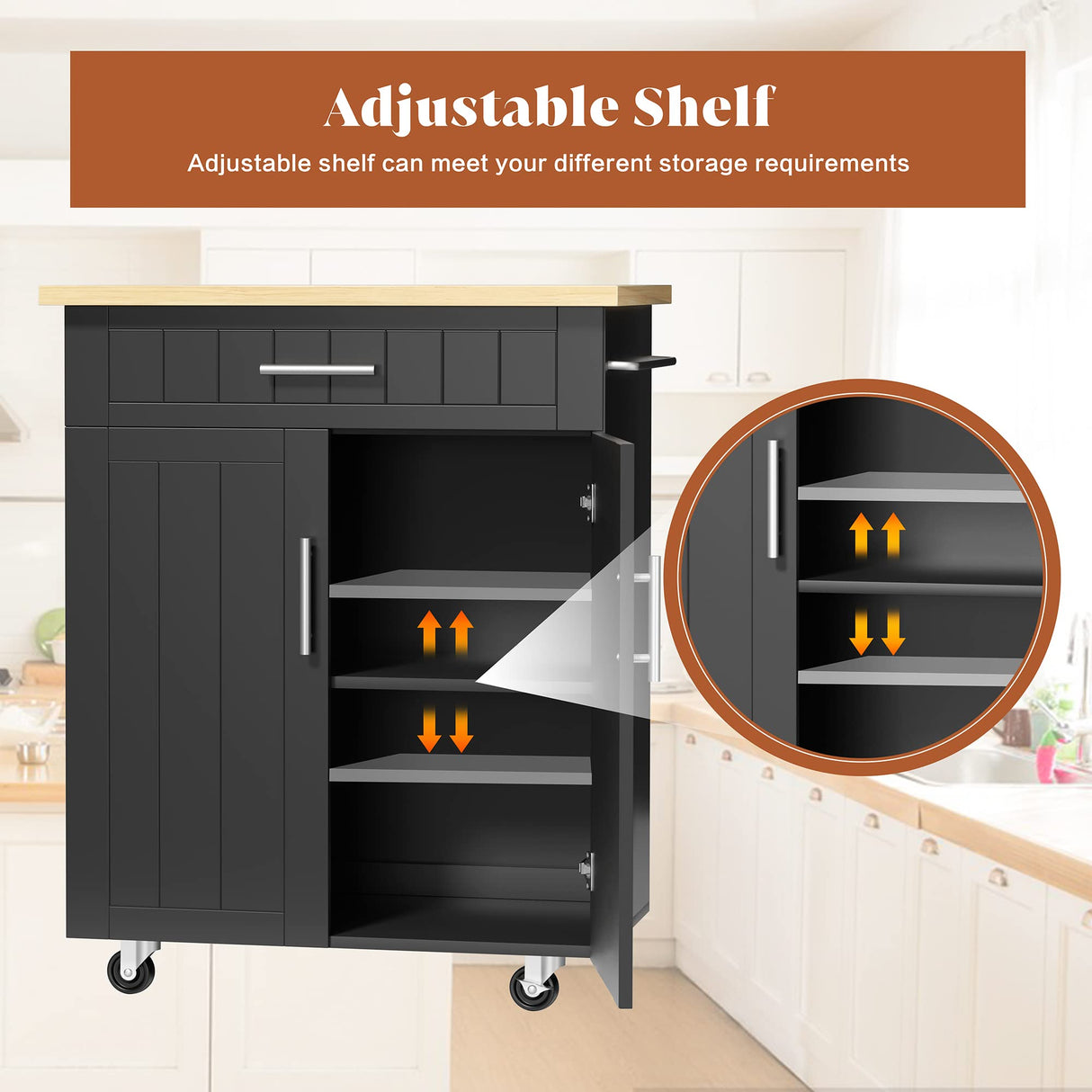 SUNLEI Kitchen Island on Wheels with Storage Cabinet & Drawer, 26" Width Rolling Kitchen Table, Cart Handle for Towel Rack or Free Mobility, Portable Islands for Kitchen, Dining Room(Black) SUNLEI