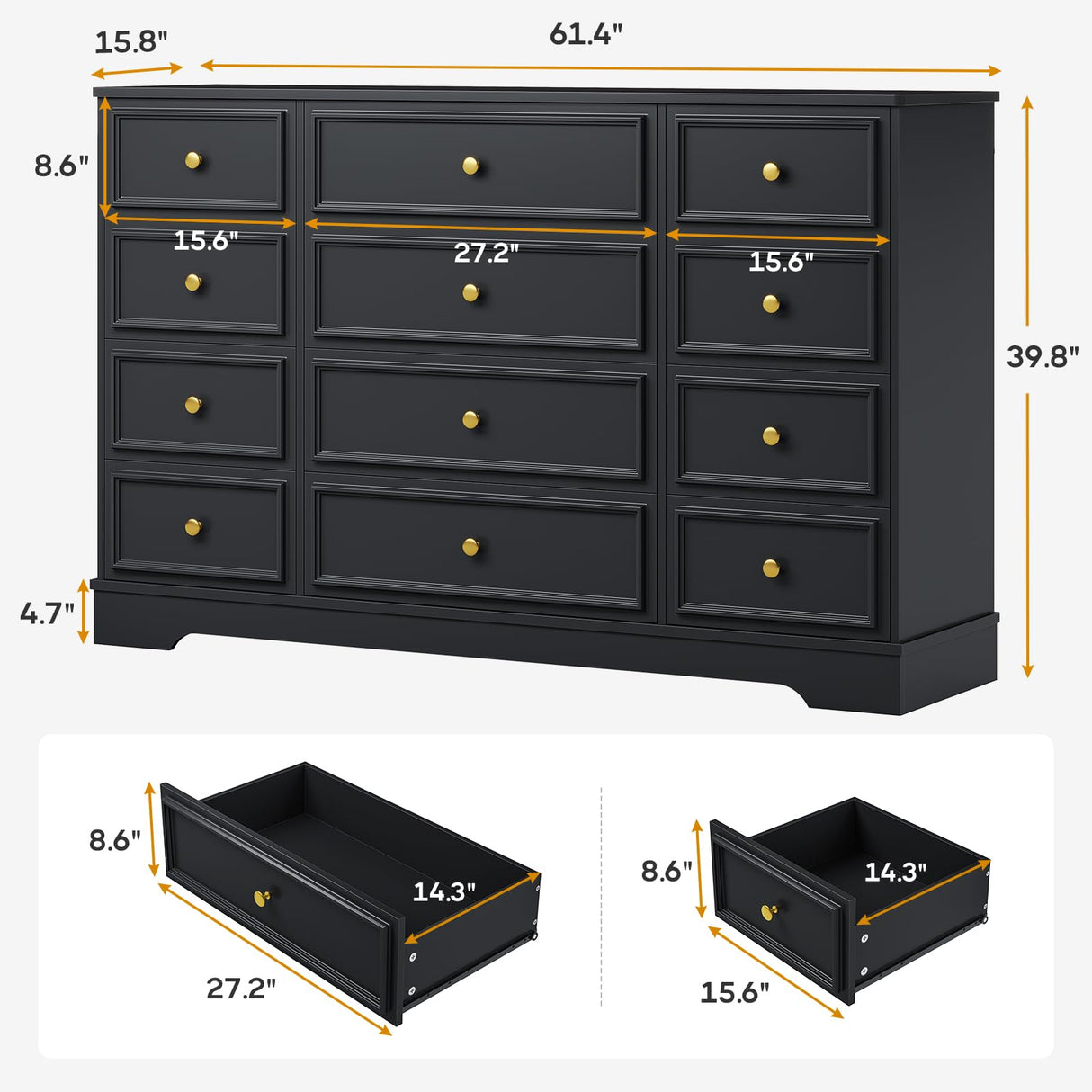 Hasuit Large Dresser with 12 Drawers for Bedroom, 61.4'' Long Modern Chest of Drawers, Black Wide Dressers Clothes Closet, Wooden Bedroom Funiture Storage Organizer Hasuit