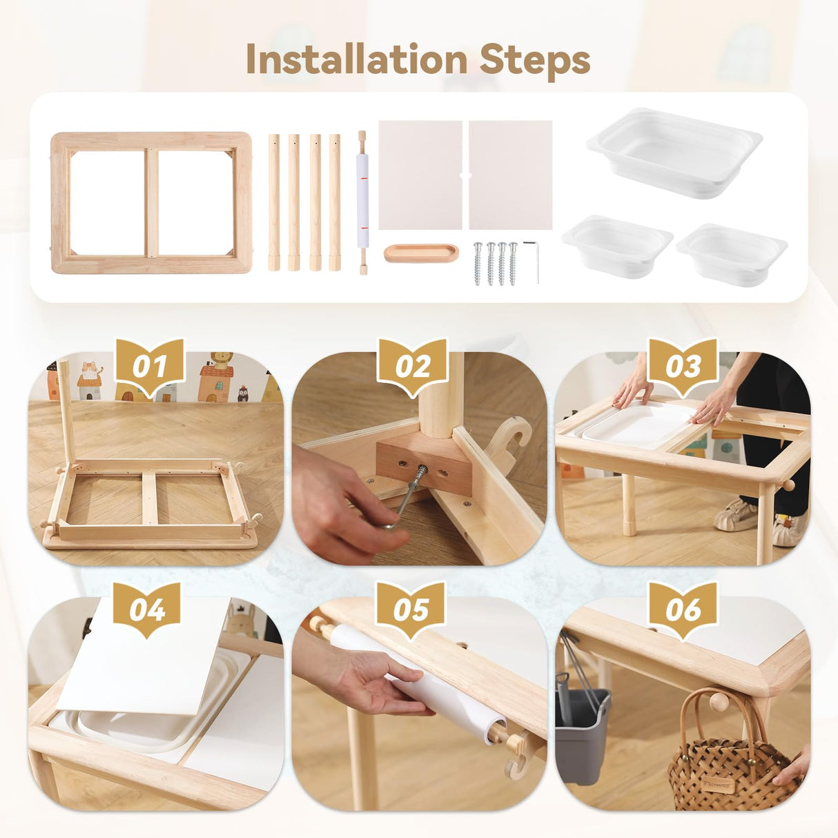 IEATFO Rubber Wood Montessori Sensory Table - 3 Foldable Storage Bins, Reinforced Frame, Height Adjustable Children's Table - Multifunctional Kids Activity Table Promotes Sensory Experiences & Growth IEATFO