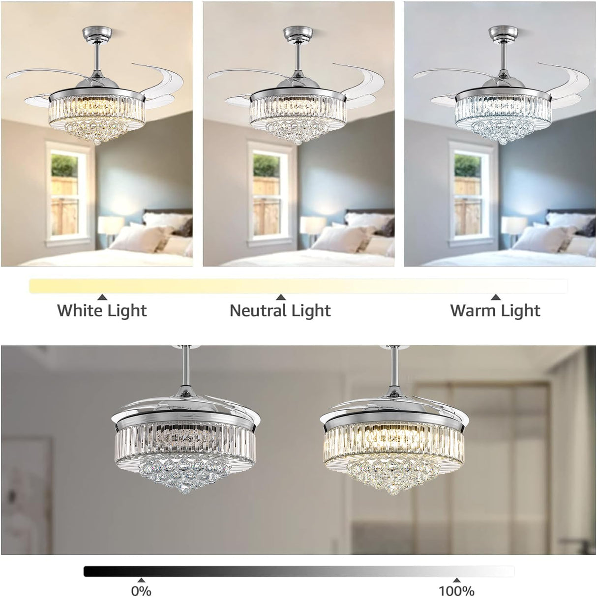 NOXARTE 48 Inch Crystal Chandelier Ceiling Fan with Light Fandelier Ceiling Fan with Light Retractable Blades Fan with Remote Control 48" Dimmable Fandelier for Bedroom Living Room NOXARTE