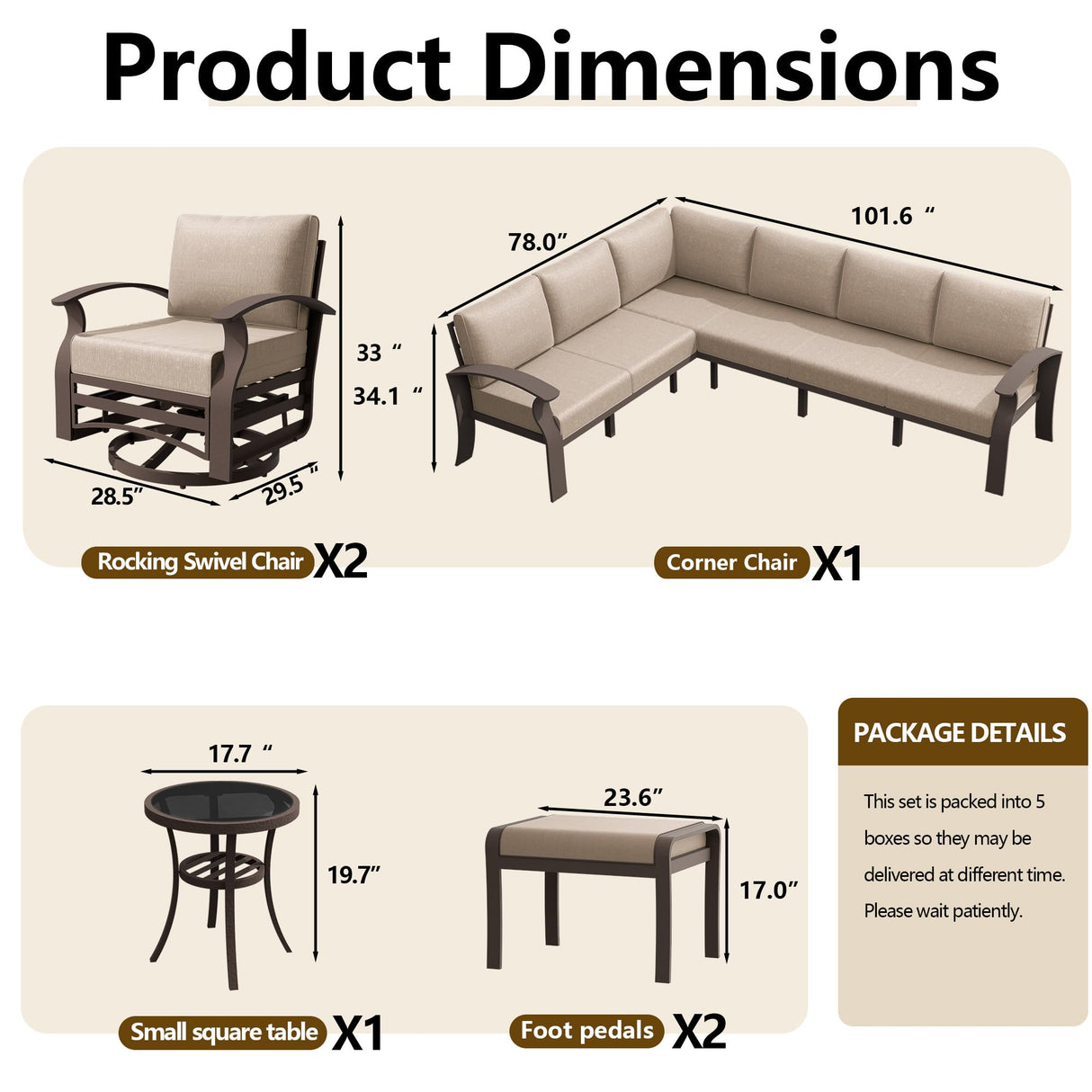 ASJMR 10-seat Aluminum Patio Furniture Set, L-Shaped Sectional Sofa with 5.1" Cushions, High Backrest & 2 Footstools, Durable Outdoor Patio Furniture Set, Backyard, Poolside - Sand ASJMR