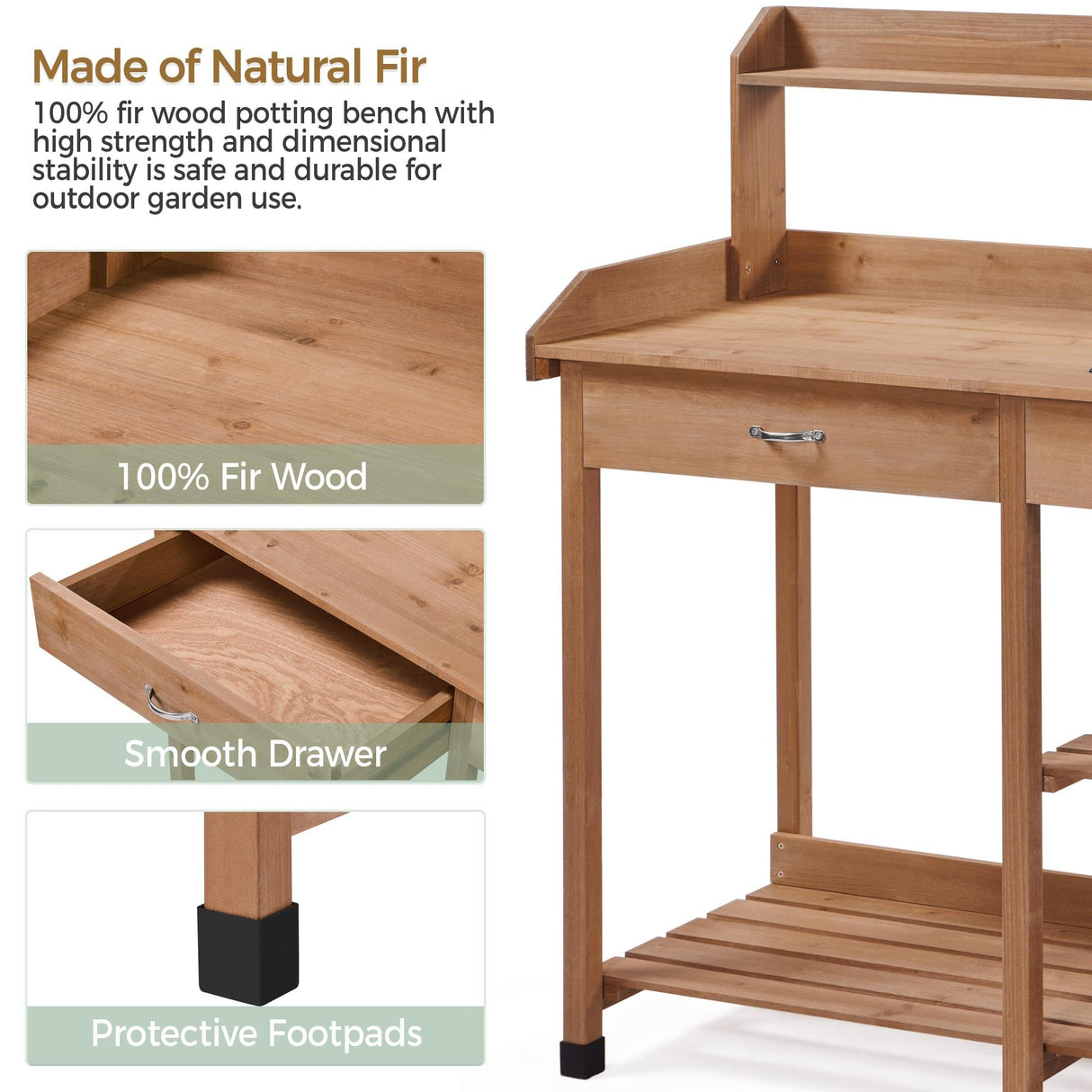 Yaheetech Potting Bench Outdoor Garden Work Bench Station Planting Solid Wood Construction for Horticulture w/Sink Drawer Rack Shelves Brown Yaheetech