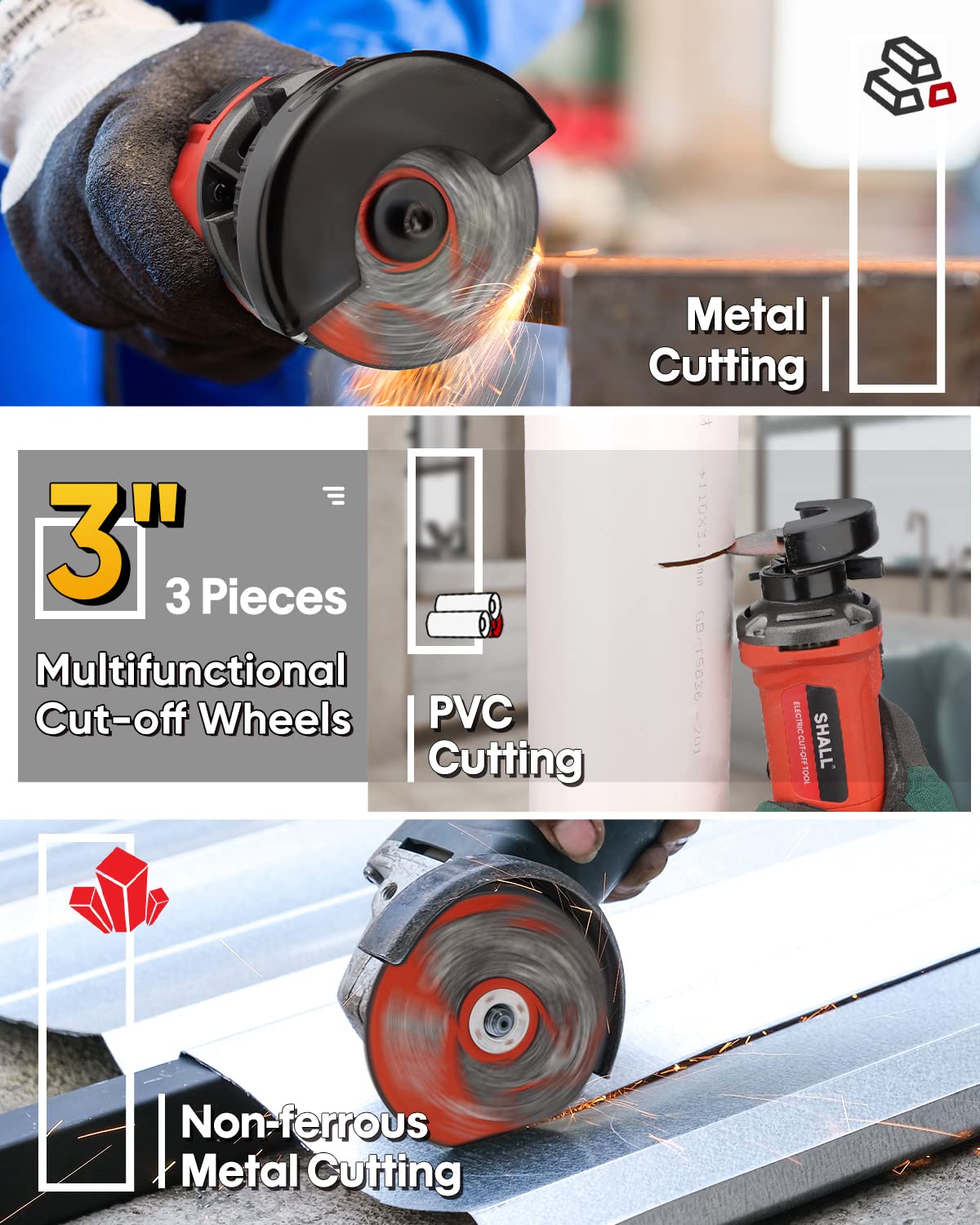 SHALL 3 Inch High-Speed Cut Off Tool, 3.5 Amp Metal Cutter Tool with 3Pcs Multifunctional Cutoff Wheels, 24000RPM Electricl Metal Cutting Tools for Steel, Inox, PVC, Aluminum SHALL