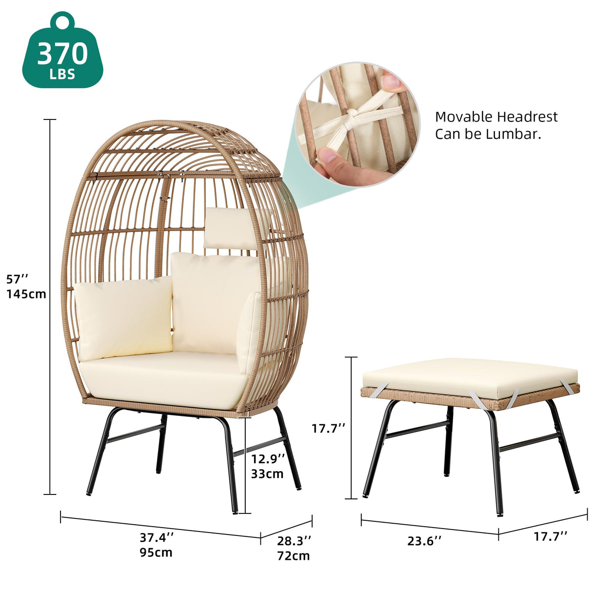 DWVO Rattan Egg Chair with Ottoman, Indoor Outdoor Egg Shape Wicker Chair for Patio, Backyard, Living Room, Basket Chair w/Footrest, 5 Cushions, 450lb Capacity, 38in Width, Steel Frame (Beige) DWVO