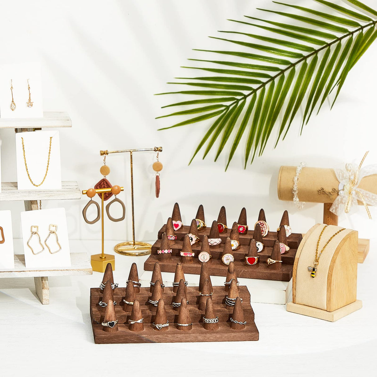 Juexica Wood Ring Display 2 Pieces Ring Holder for Jewelry Wooden Ring Stand Jewelry Counter Showcase 3 Step Ring Organizer for 18 Rings Storage Selling (Brown) Juexica