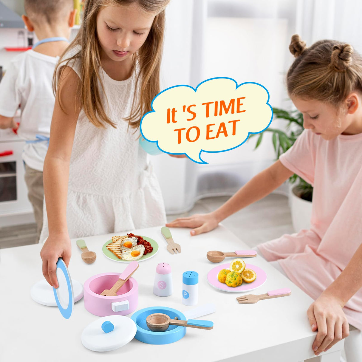 WHOHOLL Wooden Toy Kitchen & Play Dishes Set, Montessori Kitchen Toys for Girls and Boys, Pretend Play Kitchen Accessories Toddler Cooking Toys for Kids Ages 1-5 - Christmas Birthday Gift Sets WHOHOLL