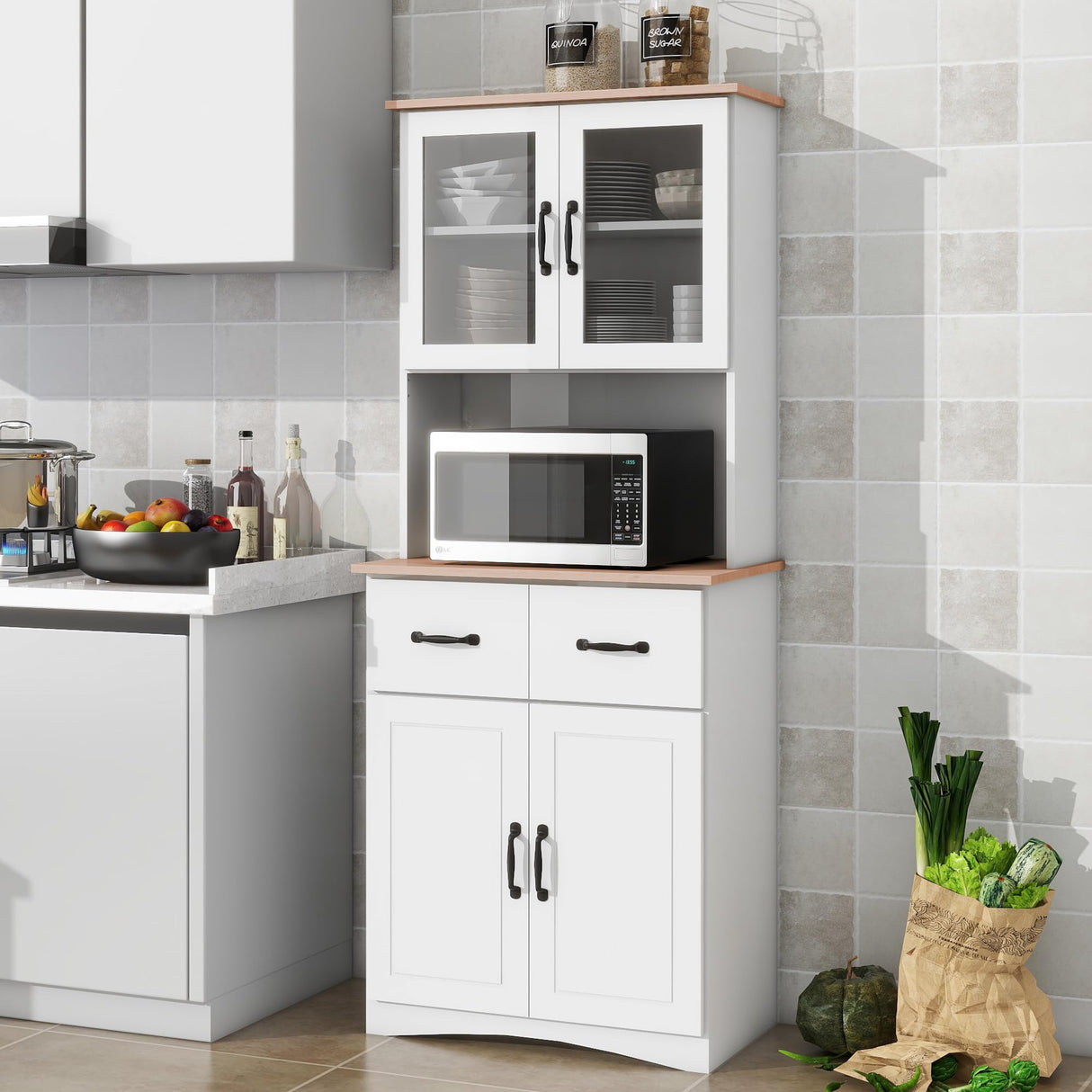 Aisurun Kitchen Buffet with Hutch, Freestanding Pantry Cabinet Kitchen Cupboard with 4 Doors, 2 Drawers & Open Shelf, 2 Storage Cabinets with Adjustable Shelves, White Aisurun
