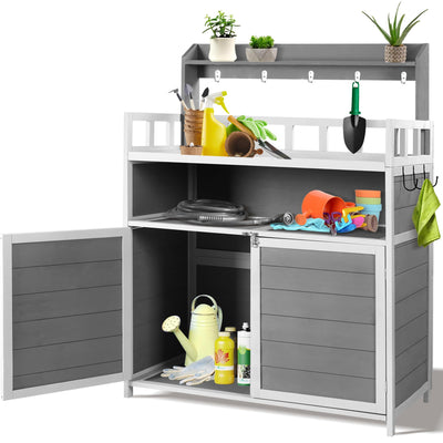 GRAVFORCE Outdoor Potting Bench Table, Garden Potting Benches for Outside Planting Work Bench Table Wooden Storage Plant Table Cabinet Gardening Table for Patio, Garden, Greenhouse, Backyard (Gray)
