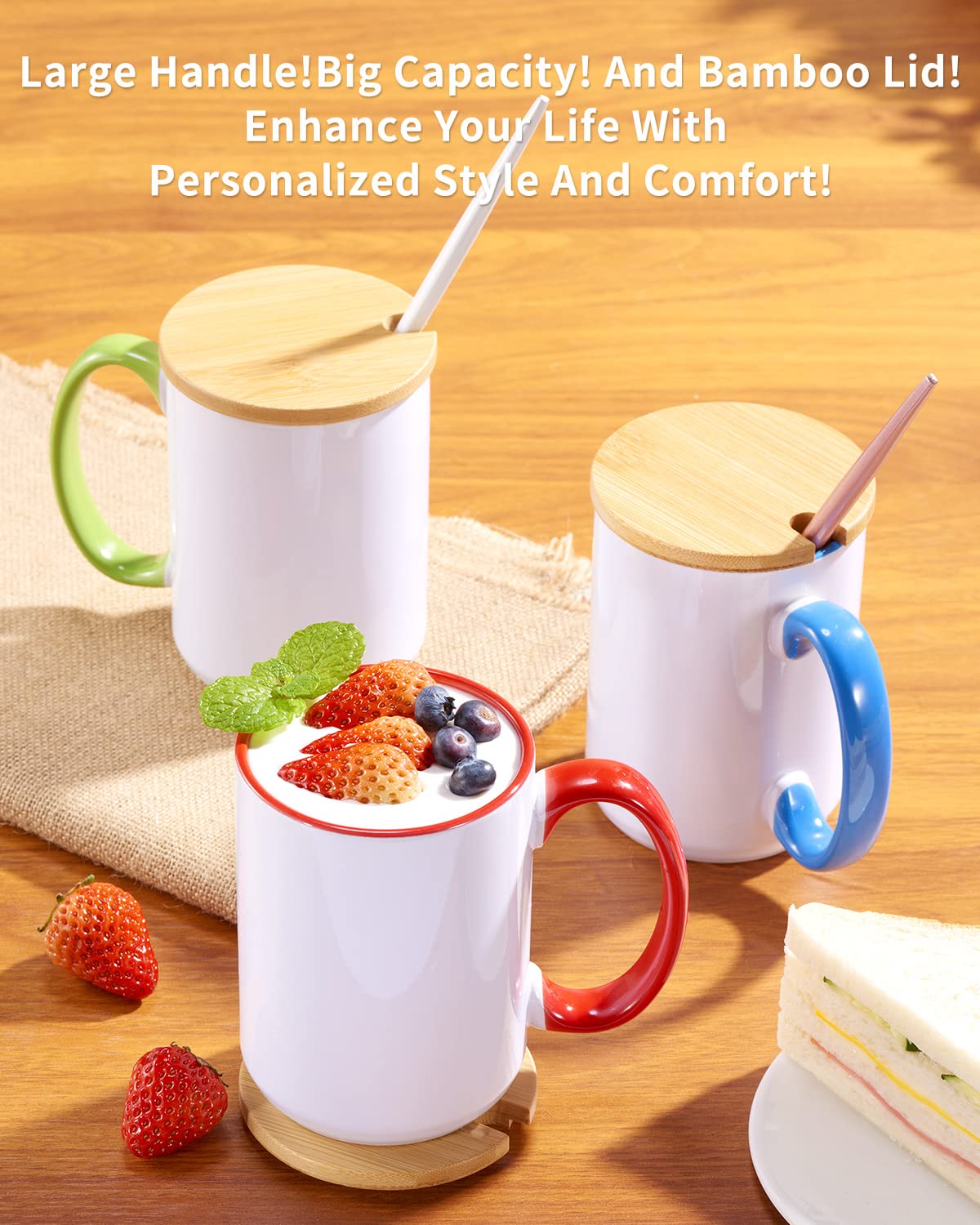 RAINBOWTIE Sublimation Mugs Set of 12, 15 oz Sublimation Mugs Blank with Bamboo Lid, Sublimation Coffee Mugs, Tazas Para Sublimacion, Mug Sets, Coffee Cup with Lid,6 Assorted Colors RAINBOWTIE