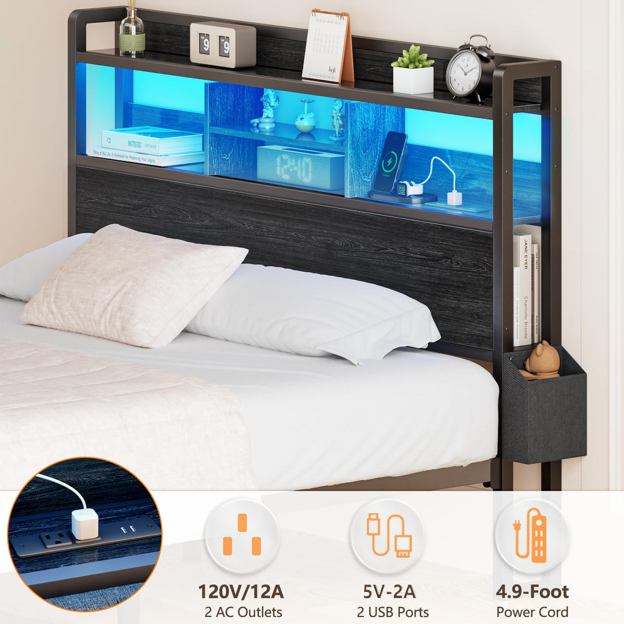 Furnulem Queen Bed Frame with Wood Headboard, Storage Drawers, LED Lights and Charging Station - Black Furnulem