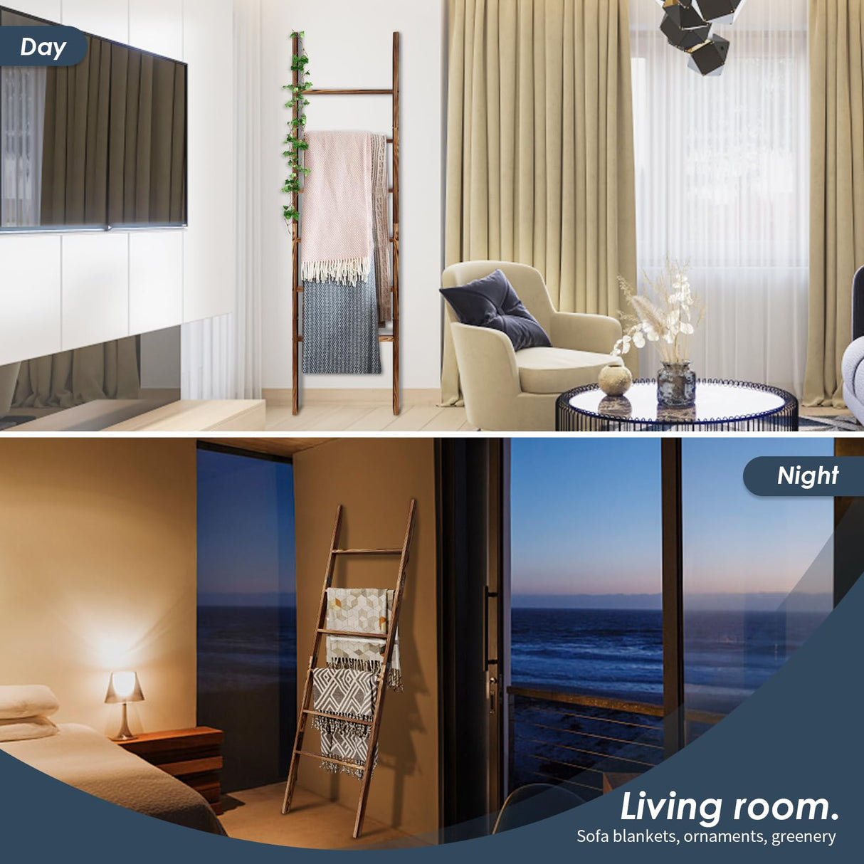 6-Tier Blanket Ladder Wooden, 5.7FT(66.5'') Blanket Quilt Towel Holder Rack Decorative Ladder, Easy Assembly, Rustic Farmhouse Ladder Shelf for The Living Room Bedroom Bathroom Home Decor, Brown Delywh