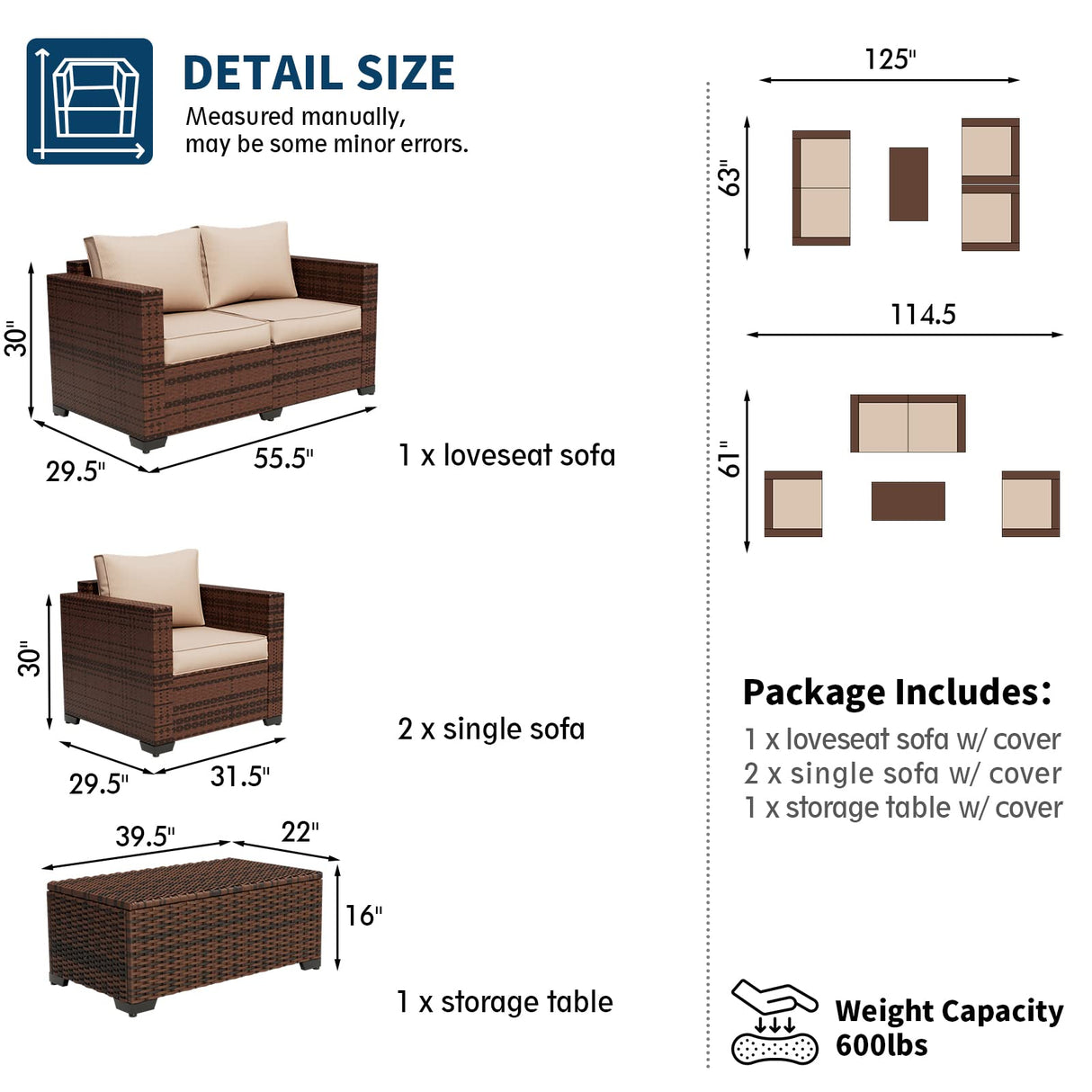 UDPATIO Outdoor Patio Furniture, 4 Pieces Outdoor Sectional Patio Set with Storage Coffee Table and Khaki Cushions, Patio Loveseats Balcony Furniture for Small Space UDPATIO