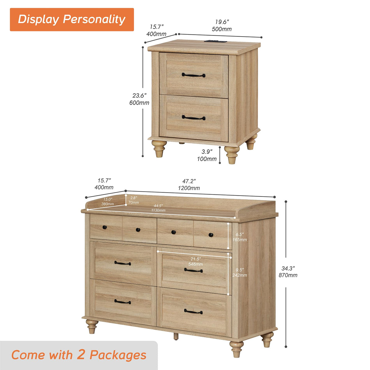 WAMPAT 2 Piece Dresser and Nightstand Sets, Wood Dresser & Chest of Drawers with 6 Drawers & Metal Handle, Farmhouse Side Table Night Stand with Charging Station, 2 Piece Bedroom Set, Oak WAMPAT