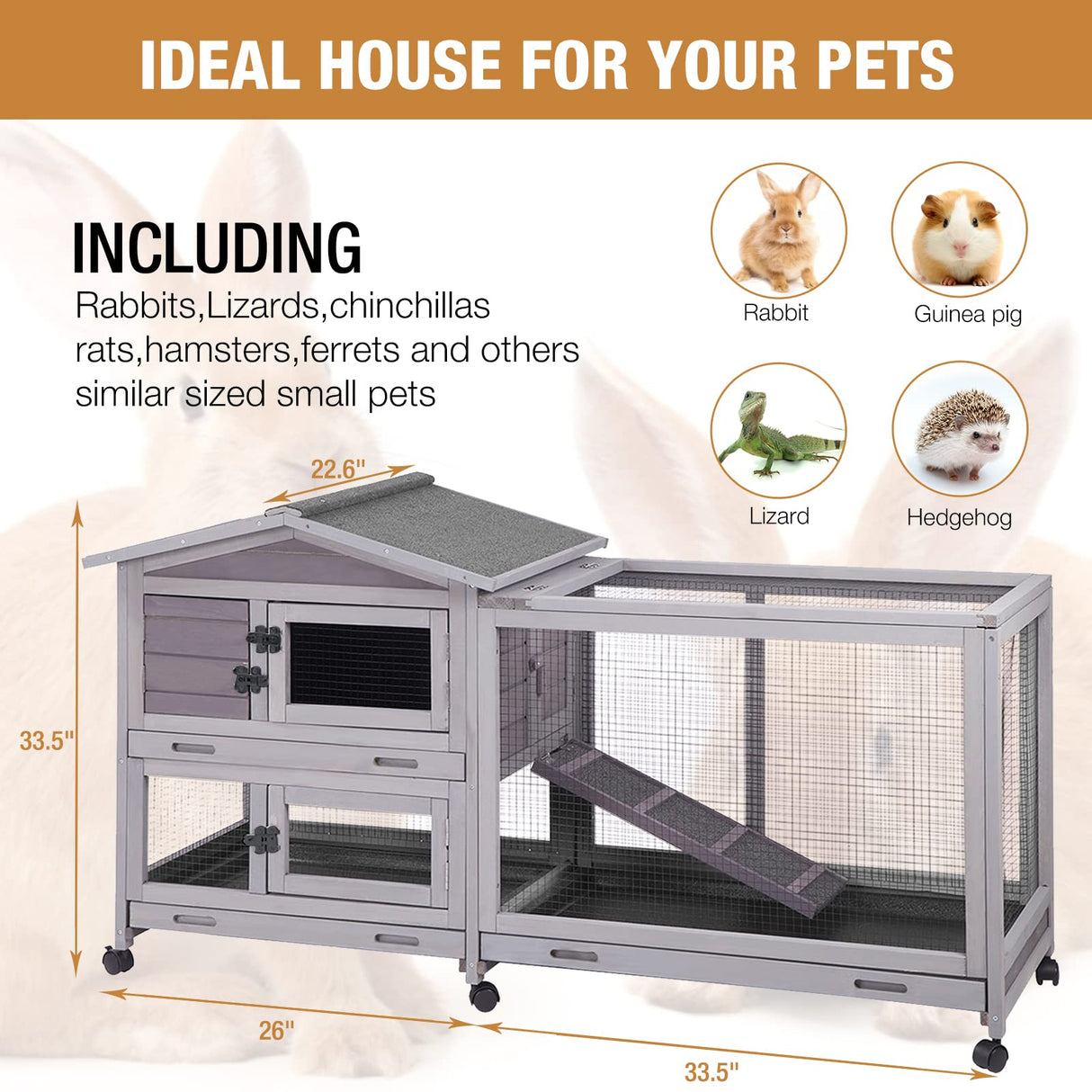 Bunny Cage Indoor and Outdoor Rabbit Hutch with Casters Waterproof Roof, Pull Out Tray from Back and Front GUTINNEEN