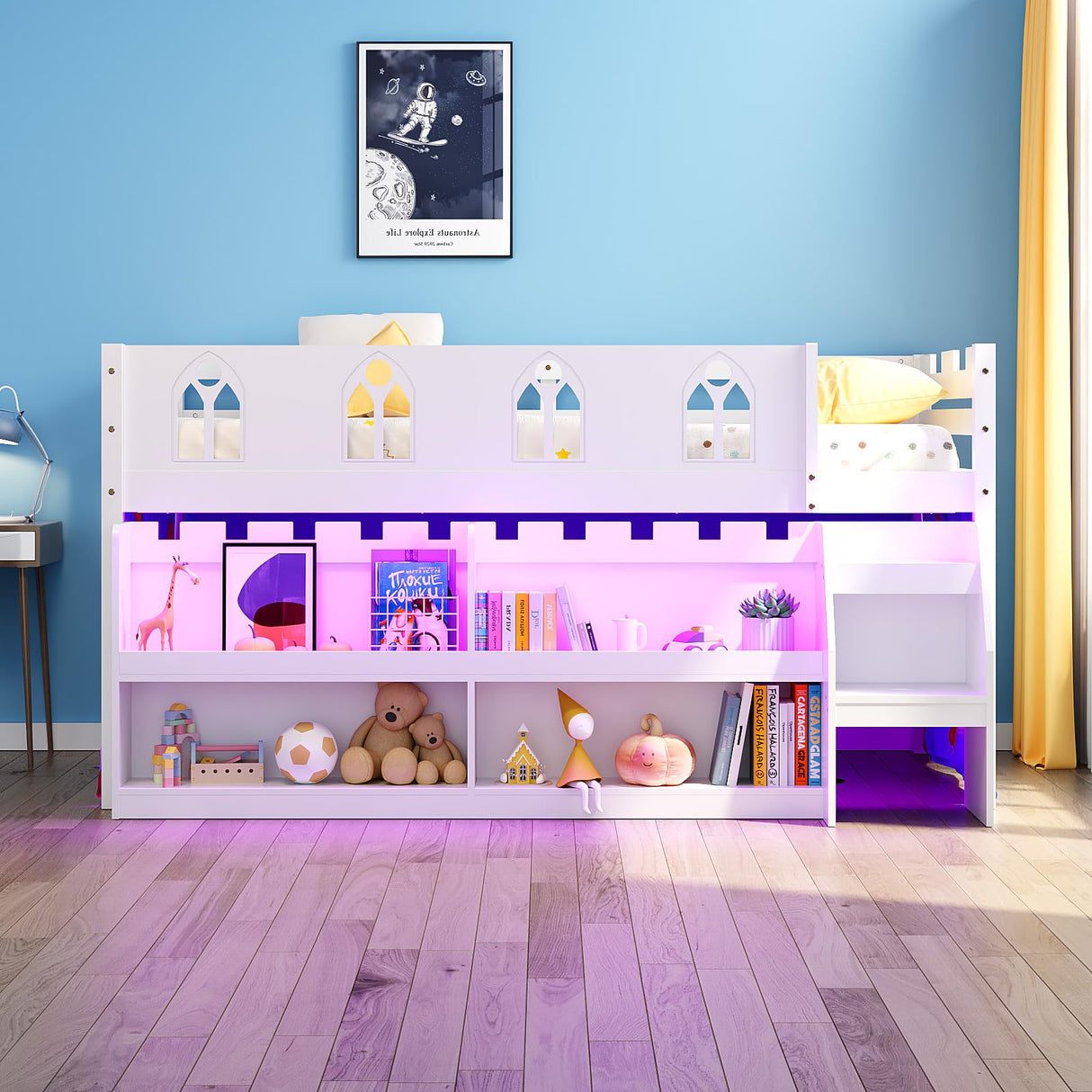 JOYMOR Low Loft Bed with LED Lights, Twin Loft Bed with Stairs, Safety Guardrail, Curtain, Wooden Bed Frame for Kids with Storage Bookcase and Under-Bed Play Space (White) JOYMOR