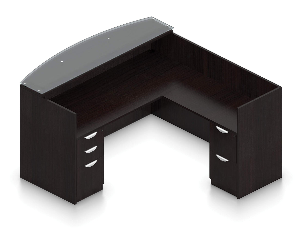 Offices To Go L Shaped Reception Desk with Glass Transaction Counter and 2 Sets of DrawersW/Drawers in (American Espresso) Offices To Go