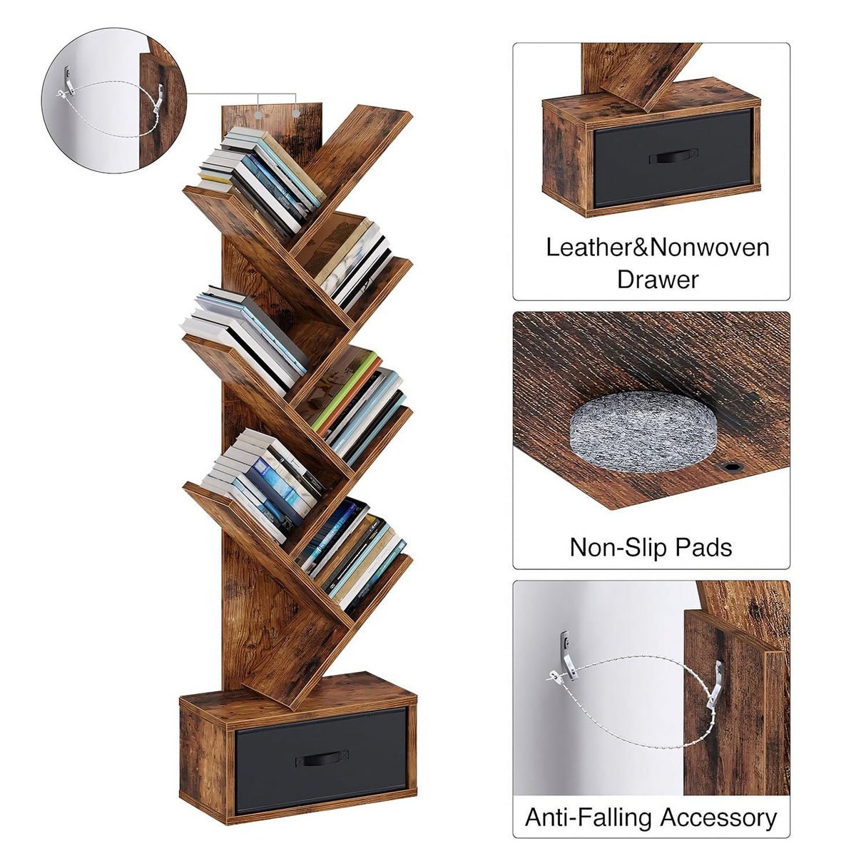 SUPERLELE 6 Shelf Bookshelf with Drawer, Retro Tree Bookcase Floor Standing Bookcase for CDs/Movies/Books, Utility Book Organizer Shelves for Bedroom, Living Room, Home Office SUPERLELE