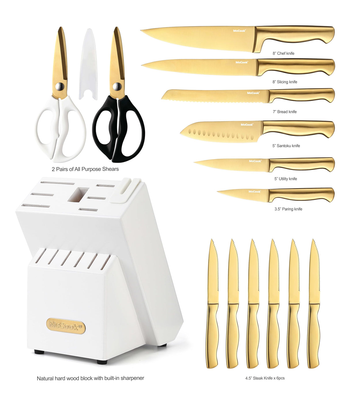 McCook® Knife Sets, Golden Titanium Stainless Steel Kitchen Knife Block Sets with Built-in Sharpener McCook