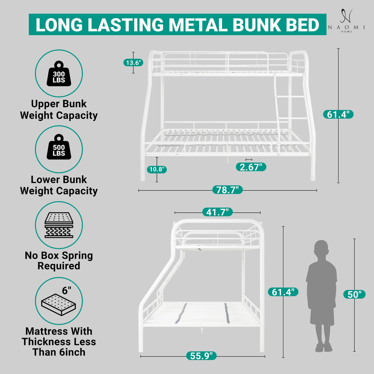 Hollywood Bunk Beds Twin Over Full Size, Heavy Duty Metal Bunk Bed with Safety Guardrails, Angled Ladder, Underbed Storage, 800LBs capacity - for Kids and Teens, Twin over Full Bunk Bed, White Naomi Home