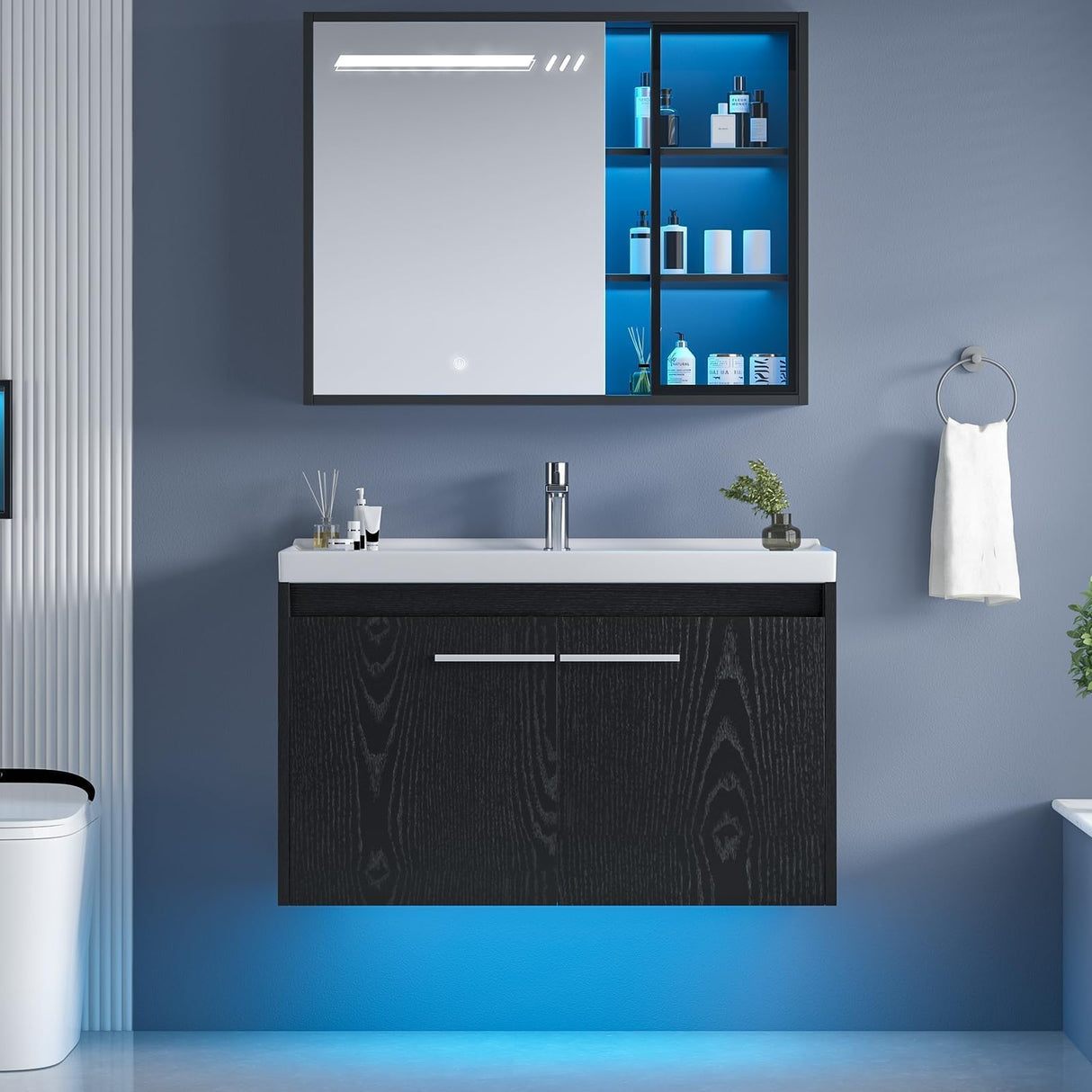 4ever2buy 31" Black Bathroom Vanity with Sink, Floating Bathroom Sink Cabinet with LED Light, Modern Clearance Bathroom Vanities with 2 Doors & Metal Handles 4ever2buy