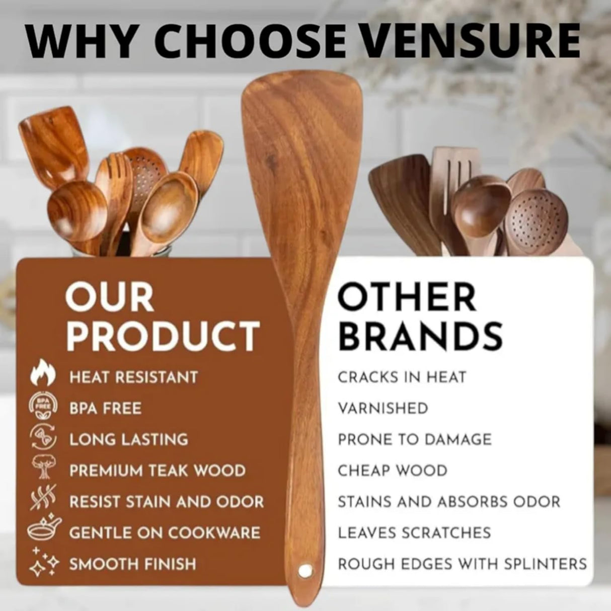 Vensure Wooden Spoons for Cooking 6-Piece, 12 Inch Wooden Spatula Spoon Set for Cooking, Non-Stick Wooden Cooking Utensils -Soft Comfort-Grip Wood Spoons for Cooking, Wooden Spoon with Handmade Design Vensure