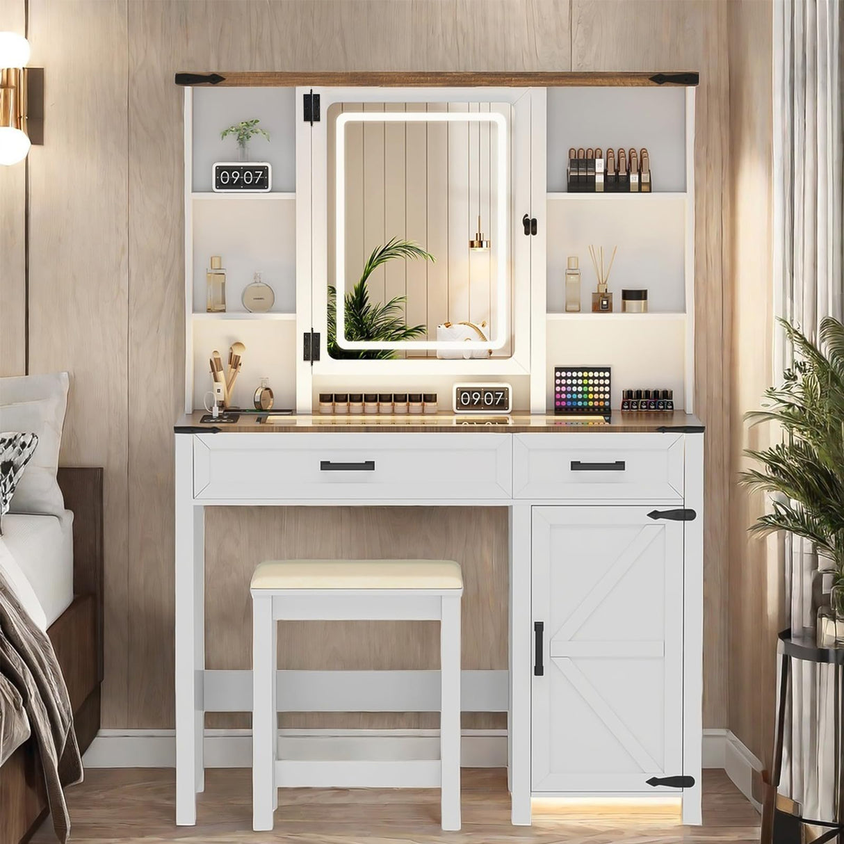 GlasFlength Farmhouse Makeup Vanity with Lighted Mirror,Vanity Desk with Charging Station,Vanity Table with Hidden Jewelry Cabinet,40'' Makeup Table with Glass Tabletop,Stool Included,Vintage White GlasFlength