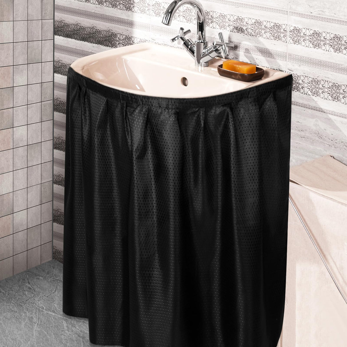 Windkream Fabric Sink Skirt Diamond Bathroom Stitch Self Stick Adhesive Waterproof Fabric Under Sink Curtain Skirt 55 x 32 Inch Adds Bathroom Storage(Black,Classic Style) Windkream