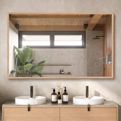 TheiaMo 48"x30" Bathroom Mirror with Natural Wood Frame for Wall, Large Rectangle Vanity Mirror Rustic Farmhouse Decor Mirror, Anti-Rust Explosion-proof, Hangs Horizontally or Vertically, Solid