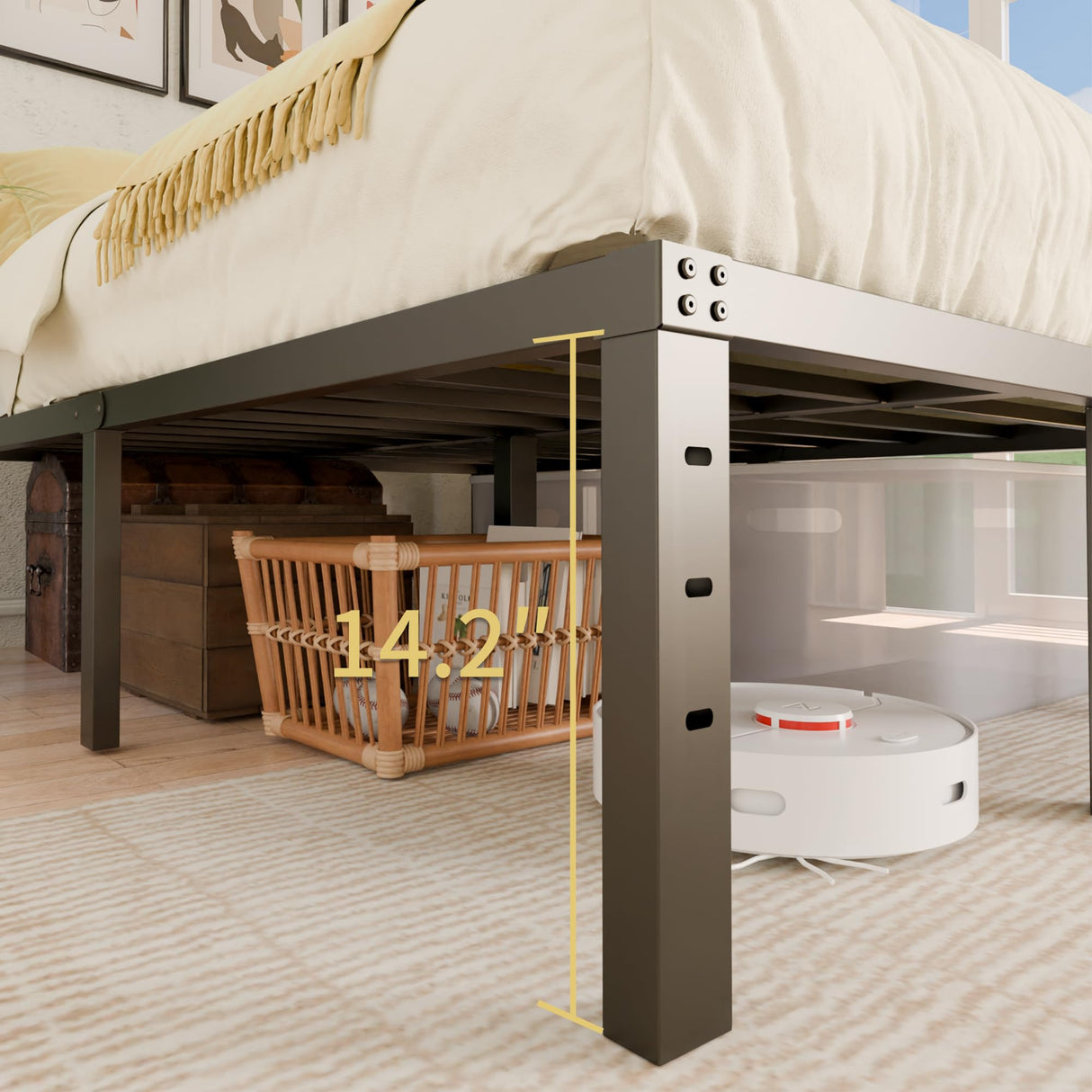 ALDRICH Metal Bed Frame Queen Size - 16 Inch Tall Black Basic Steel Slats Platform, Easy Assembly Heavy Duty Noise Free Bedframes, No Box Spring Needed ALDRICH