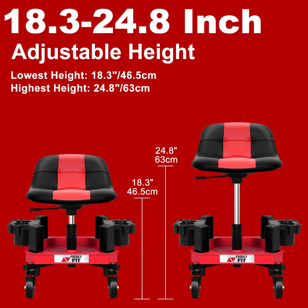 FreekyFit Rolling Shop Stool with Wheels, Adjustable Garage Mechanic Stool Seat Shop Roller Work Chair Mobile Rolling Seat with Tool Tray, 2 Cup Holders, 4" Casters, 350 LBS, Heavy-Duty, Red FreekyFit