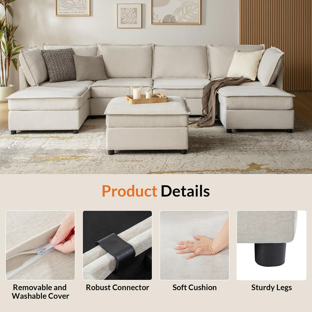 HULALA HOME 127'' Modular Sectional Sofa, Oversized U Shaped Couch with Storage Ottoman, Extra Deep Seat, Modern Comfy Chenille Sofa with Chaise, 6 Seat Convertible Couches for Living Room, Biege HULALA HOME