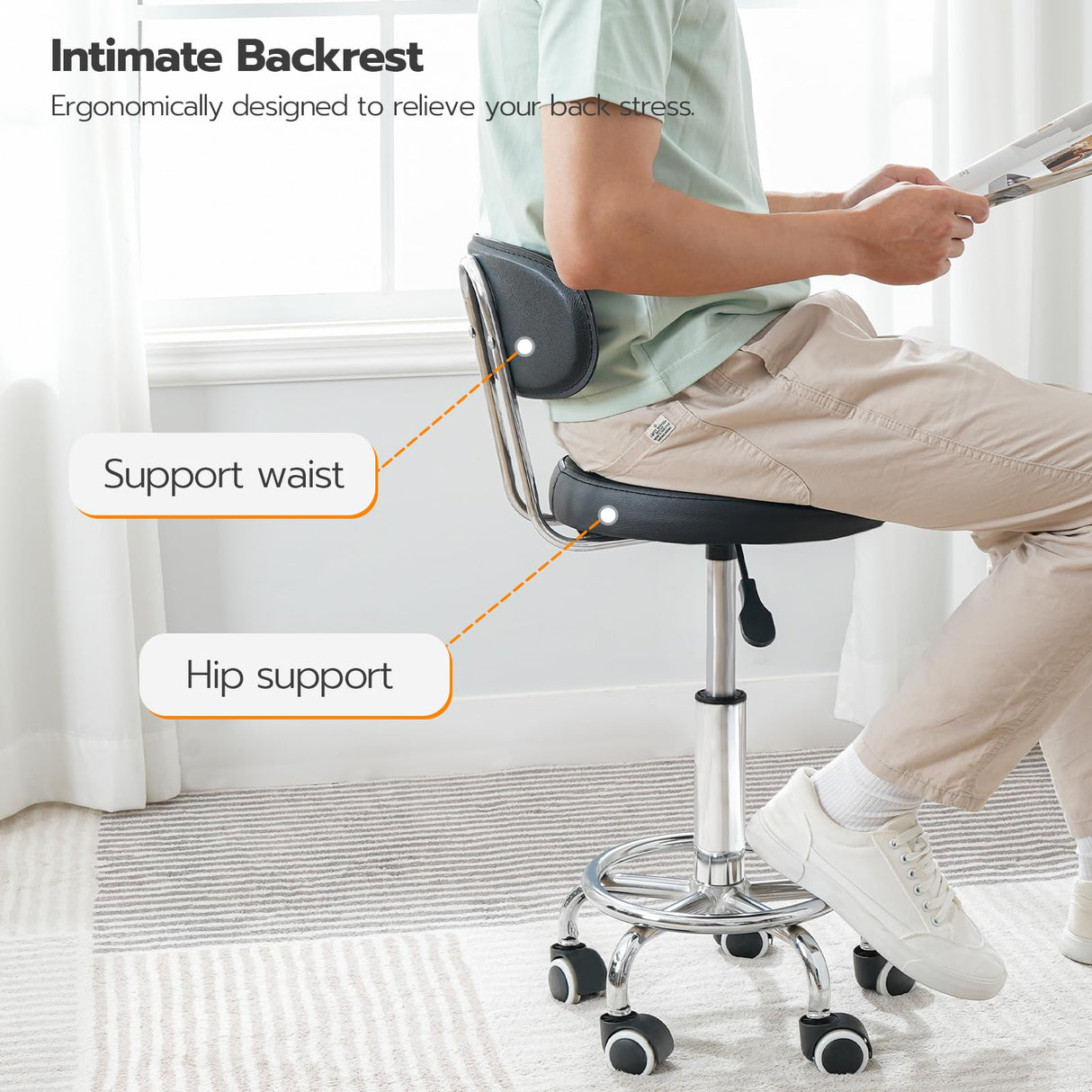 HOOBRO Height Adjustable Rolling Stool, 360° Rotating Drafting Chair, Multi-Purpose Office Desk Chair, Rolling Swivel Salon Stool Chair, for Barber Shop, Nail Salon, Office, Black SB01BY01G1 HOOBRO