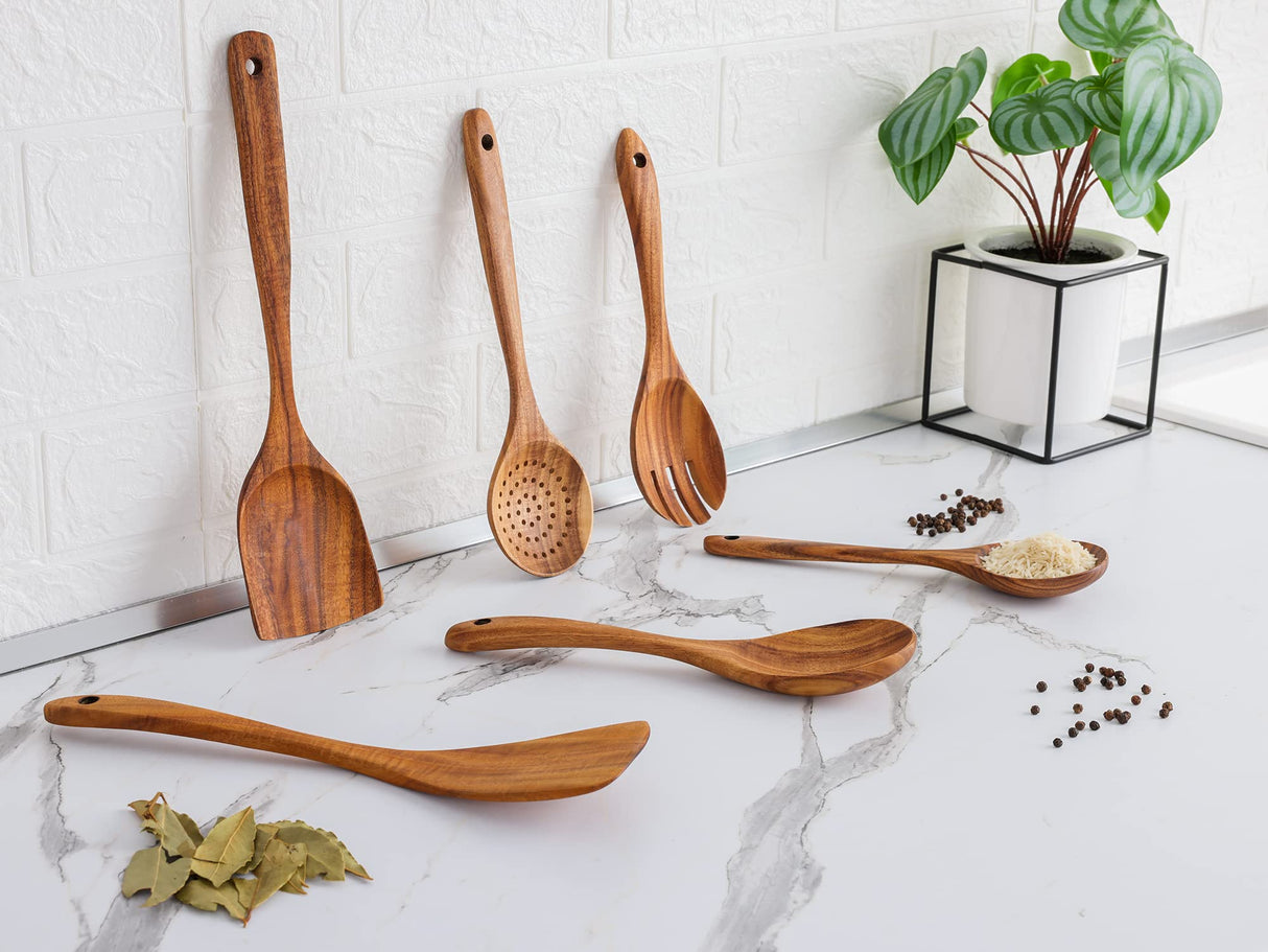 Zulay Kitchen 6-Piece Wooden Spoons for Cooking - Smooth Finish Teak Wooden Utensils for Cooking - Soft Comfort-Grip Wood Spoons for Cooking - Non-Stick Wooden Cooking Utensils - Wooden Spoon Sets Zulay Kitchen