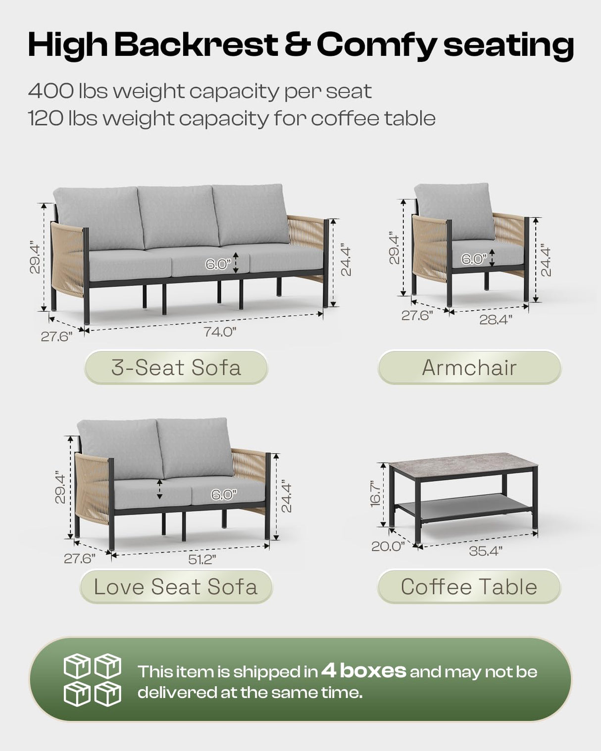 Oasbira Aluminum Outdoor Patio Furniture Set, HDPE Rope 5 Piece Modern Sectional Conversation Sets with Dual-Layer Coffee Table, All Weather Patio Couch Sofa with Thick Cushions, Gray Frame, Gray Oasbira