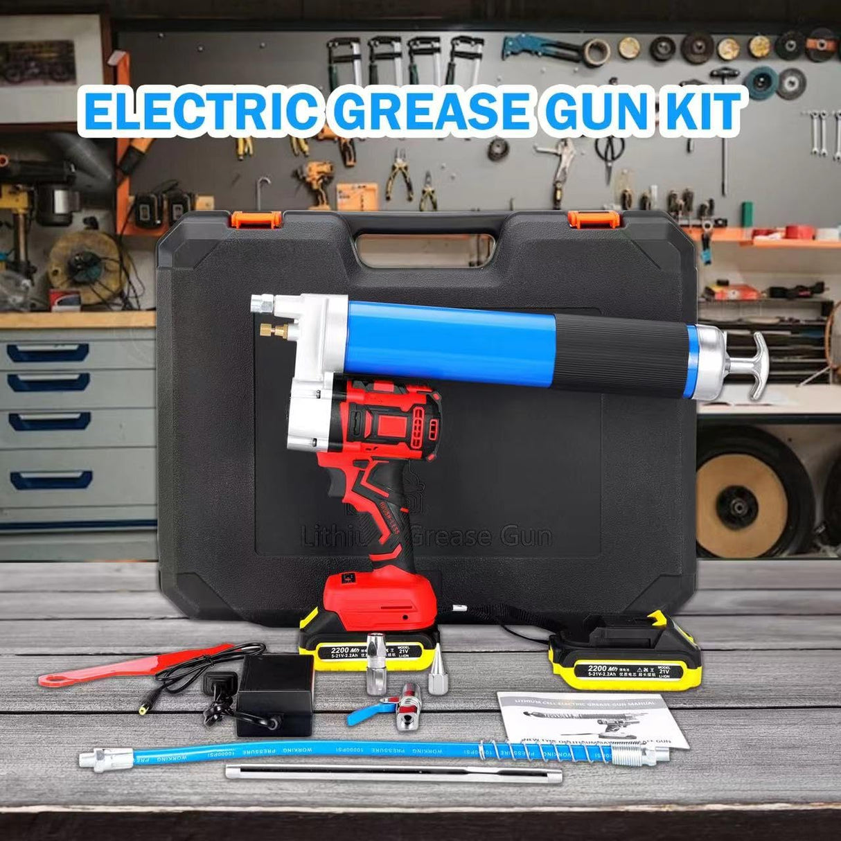 21V Electric Grease Gun with Battery*2, 12000 PSI Cordless Grease Gun Kit with Case & Accessories (Charger, Coupler Locks, tip, Hose, Cartridge Tube) Towiac