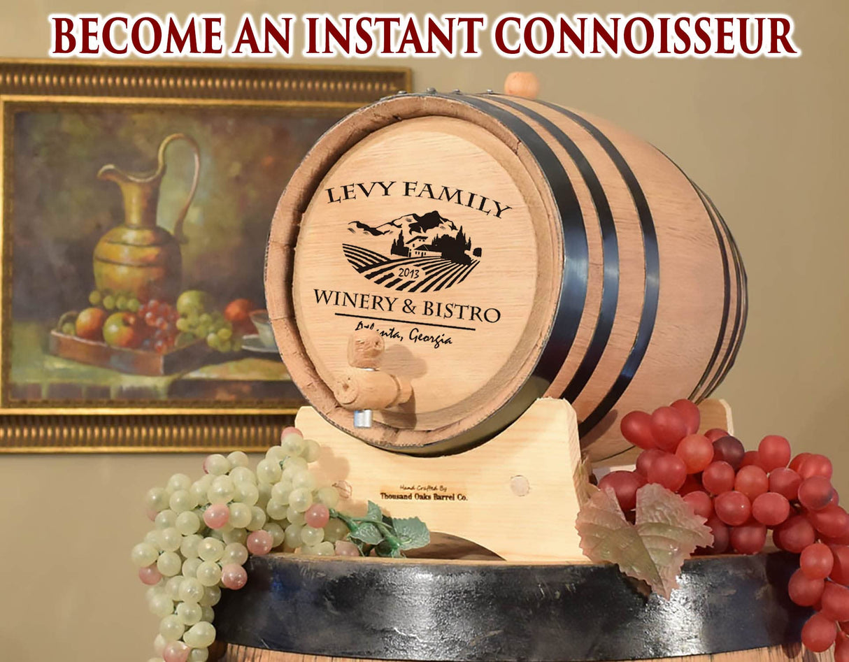 Personalized 1 Gallon Oak Wine Barrel with Stand, Bung, and Spigot (5 liter) | Age Cocktails, Wine, Mead and More! | Custom Engraved Vineyard Bistro THOUSAND OAKS BARREL