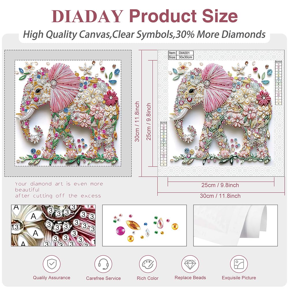 DIADAY Elephant Diamond Painting Kits, 5D Special Shape Diamond Art Kits for Adults, Crystal Rhinestones Art Craft for Beginners DIY Home Wall Decor Gift, 12 × 12 Inches DIADAY