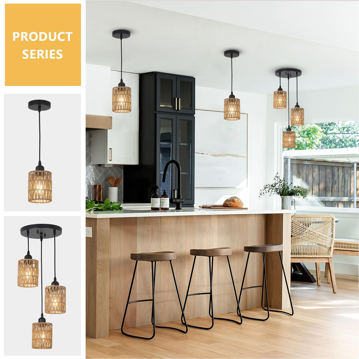 LAMSU Rattan Pendant Lights, Boho Farmhouse Pendant Lighting with Hand Woven Natural Rattan Shade, Small Wicker Light Fixtures Ceiling Hanging for Dining Room Kitchen Bedroom Foyer Hallway LAMSU