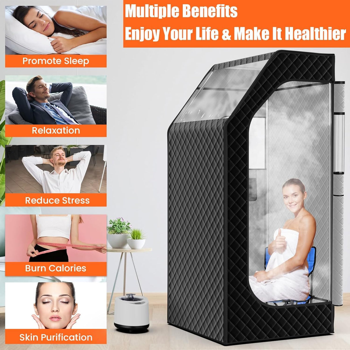 bsdonte Portable Sauna for Home, Personal Steam Sauna Box, Indoor Sauna Tent at Home Full Body with 1000W 2.6L Steamer, Timer, Remote Control, Folding Chair, 9 Levels Heating, 2.6' x 2.6' x 5.9' bsdonte