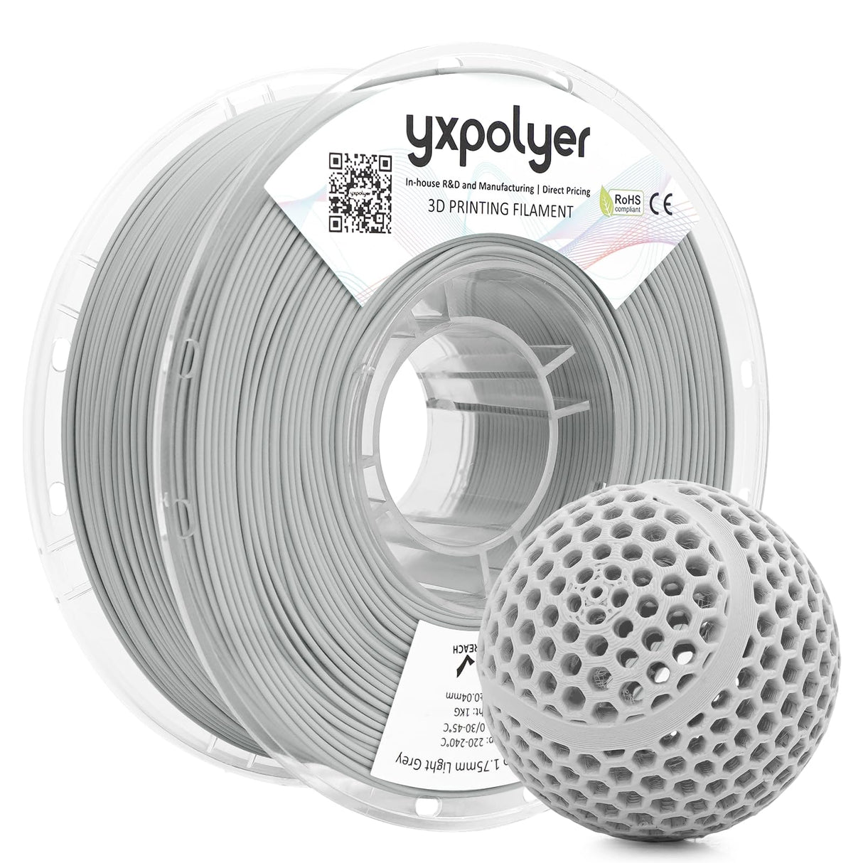 YXPOLYER Flexible PLA Food-Grade Soft PLA 3D Printer Filament 1.75mm 1KG for Printing Dog Chew Toys and Highly Elastic Bouncy Airless Basketball Pet Ball, Light Grey yxpolyer