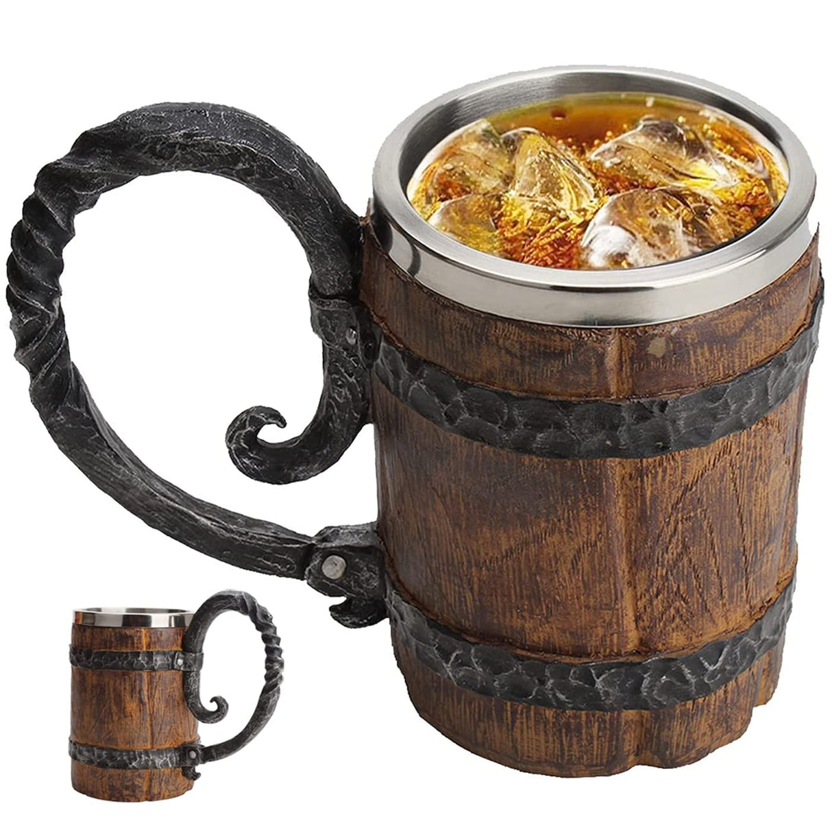 Wooden Beer Mug Beer Barrel, Large Viking Cup Wood Style Beer Mug Tankard with Handle, Antique gifts for Men Bar Restaurant Vintage Bar Accessories(18.60oz/550ml) WoodArtSupply